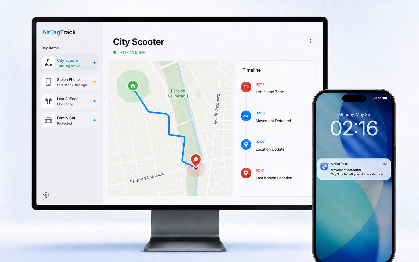 AirTagTrack app showing City Scooter selected alongside Stolen Phone, Lost AirPods and Family Car, with a route timeline and iPhone movement alert.