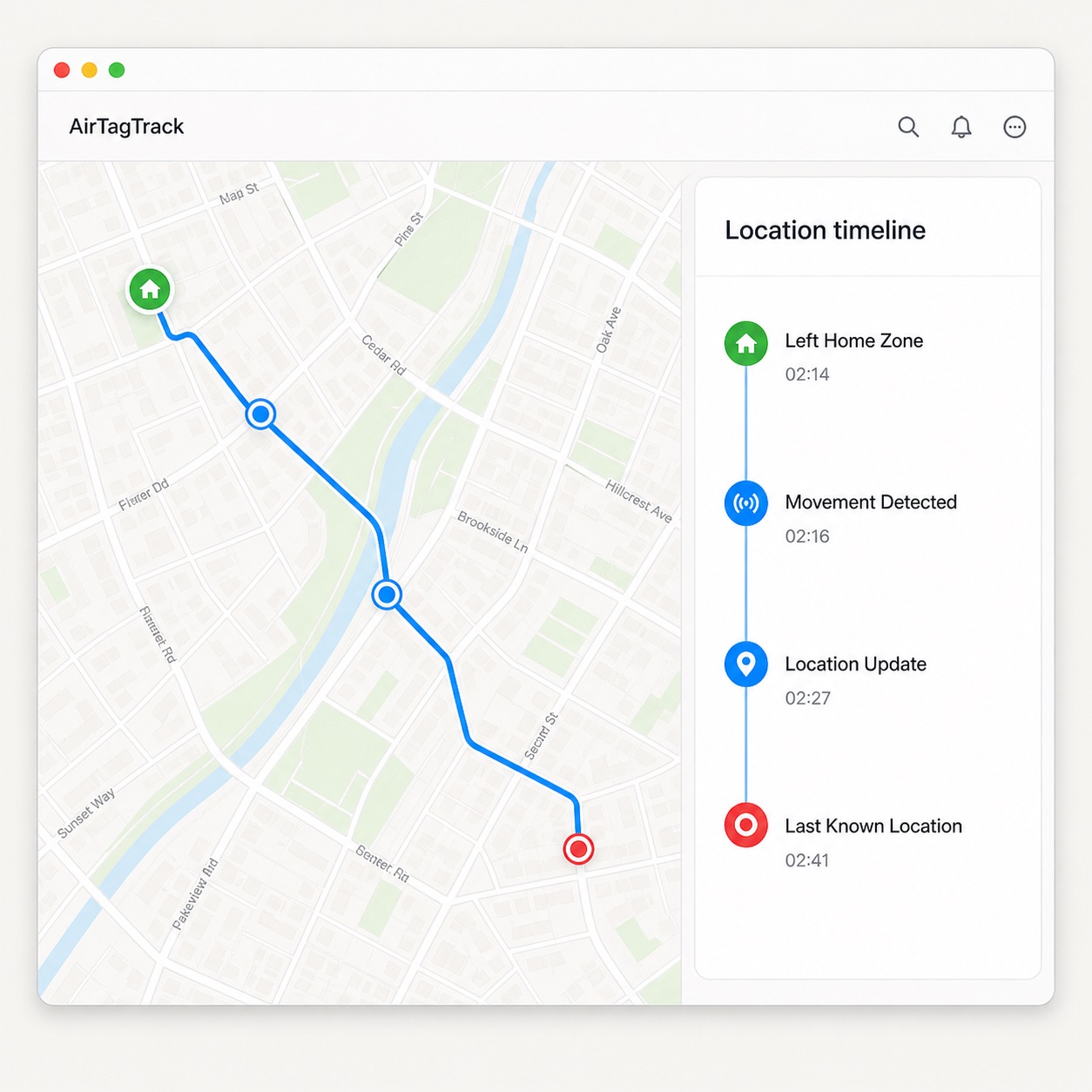 AirTagTrack location timeline with a route, movement updates and last known location.