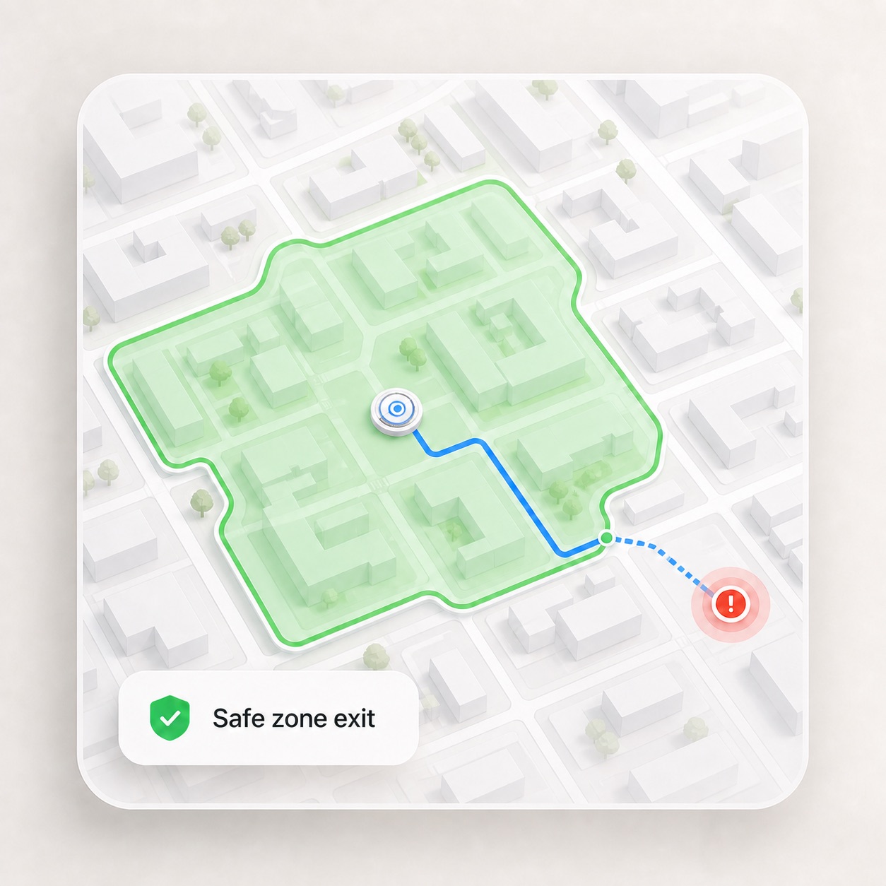 AirTagTrack street-aware safe zone showing a tracker leaving the permitted area.