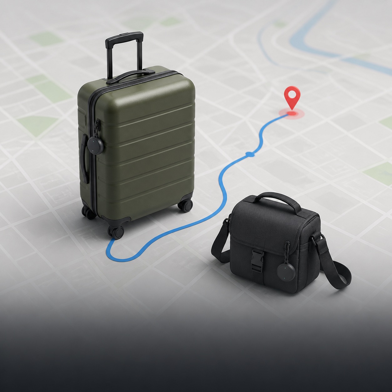Tracked suitcase and camera bag shown on a location map.