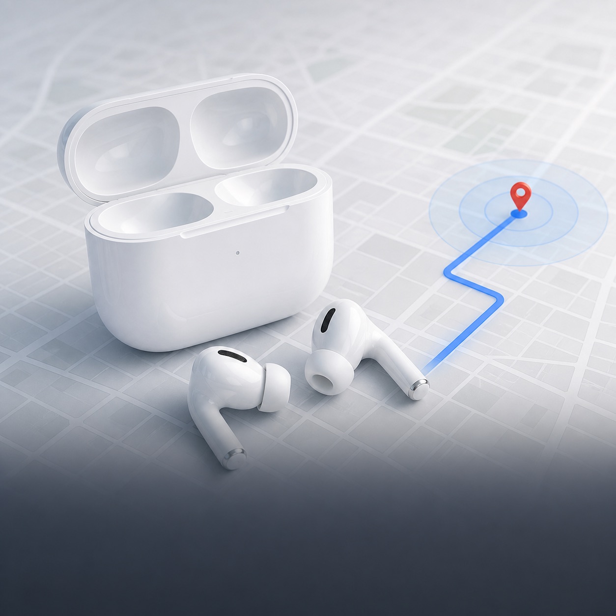 Lost wireless earbuds shown with a tracking route and location pin.